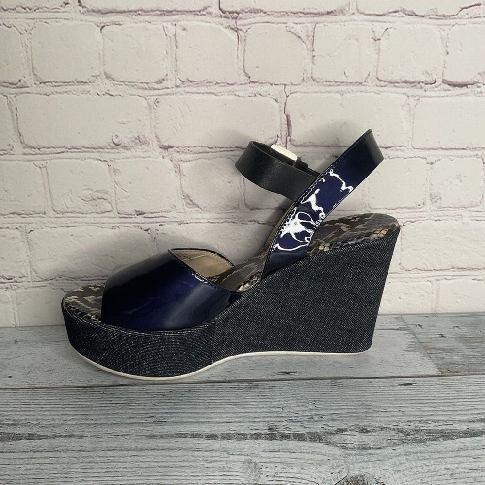 AGL Blue Platform Wedge Sandals Women 39.5/US9-9.5 Italy Patent Leather